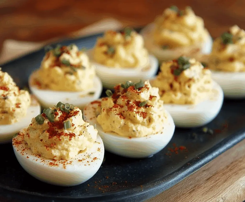 Delicious Southern deviled eggs with creamy filling garnished with paprika and chives
