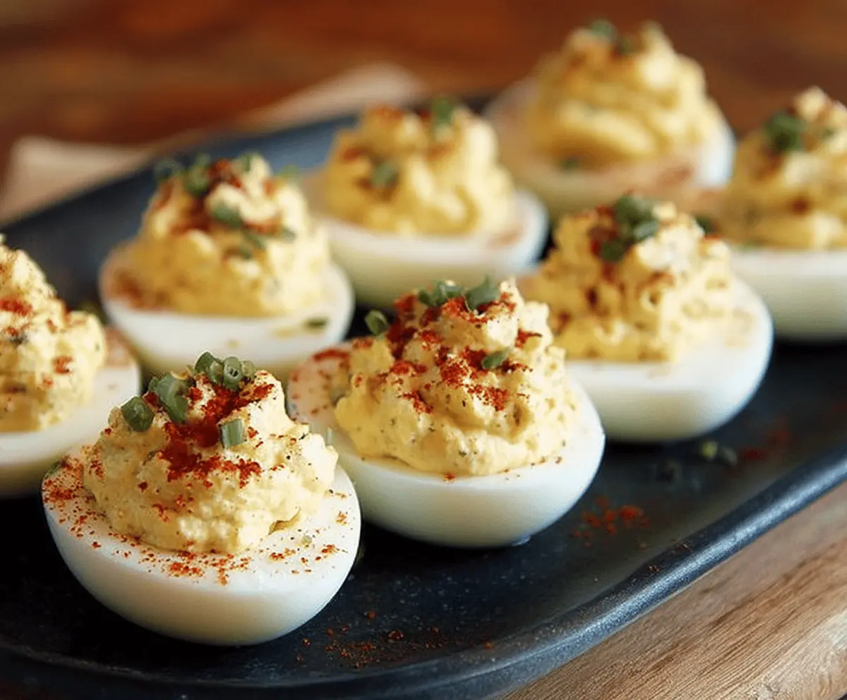 Delicious Southern deviled eggs with creamy filling garnished with paprika and chives