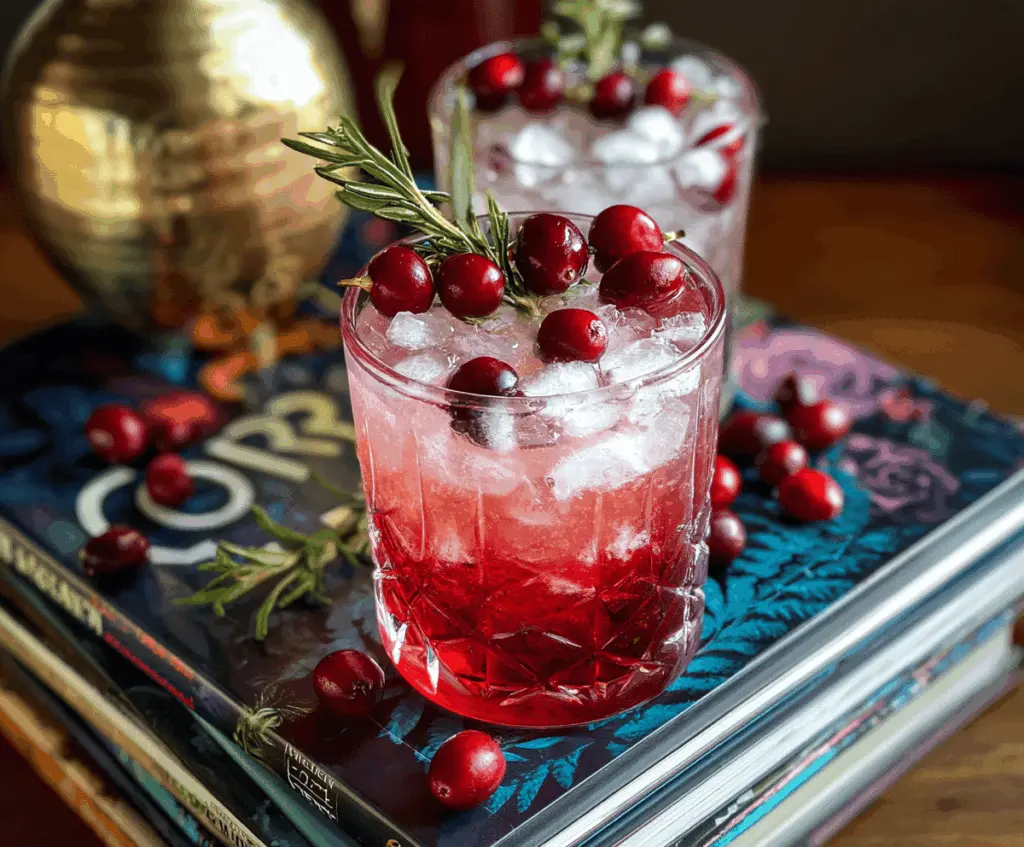 Refreshing Spiced Cranberry Gin and Tonic cocktail garnished with fresh cranberries and lime slices.