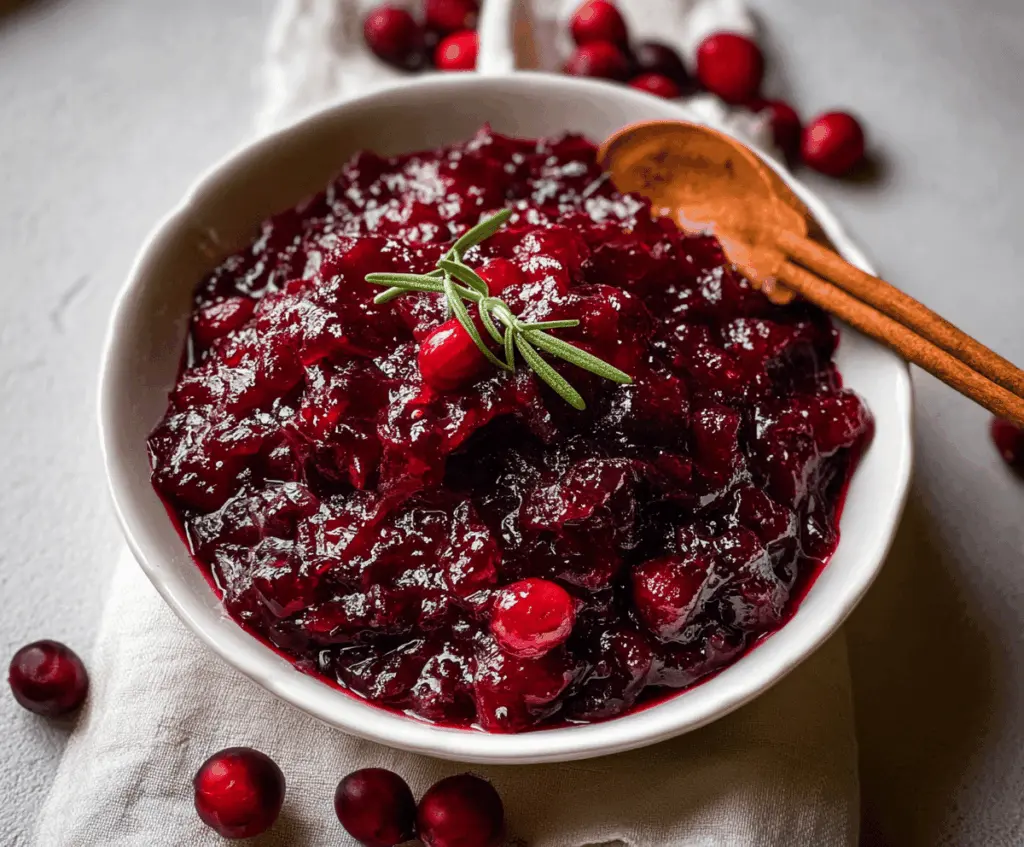 Homemade spiced cranberry sauce in a glass bowl with cinnamon and orange zest for a festive holiday side dish.