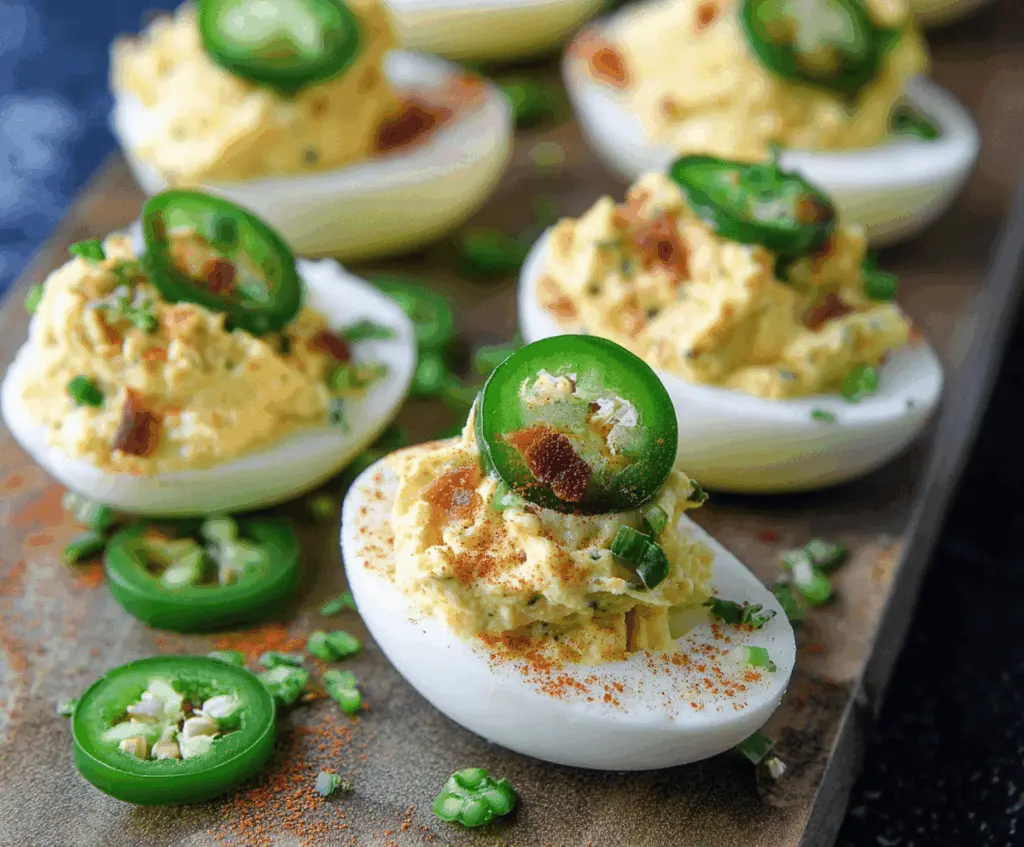 Spicy jalapeño popper deviled eggs garnished with fresh herbs and jalapeño slices.