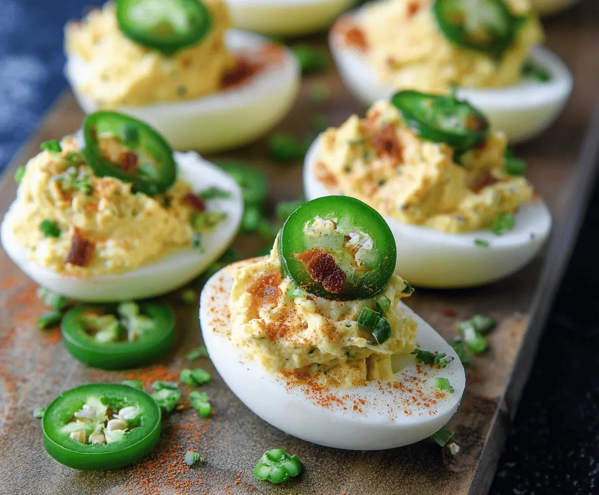 Spicy jalapeño popper deviled eggs garnished with fresh herbs and jalapeño slices.