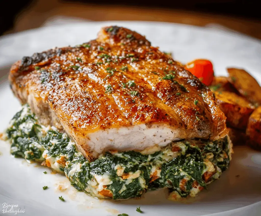 Delicious spinach and cheese stuffed pork chops on a plate, showcasing a flavorful and hearty meal.