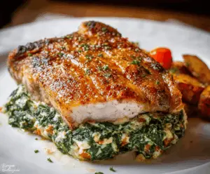 Delicious spinach and cheese stuffed pork chops on a plate, showcasing a flavorful and hearty meal.