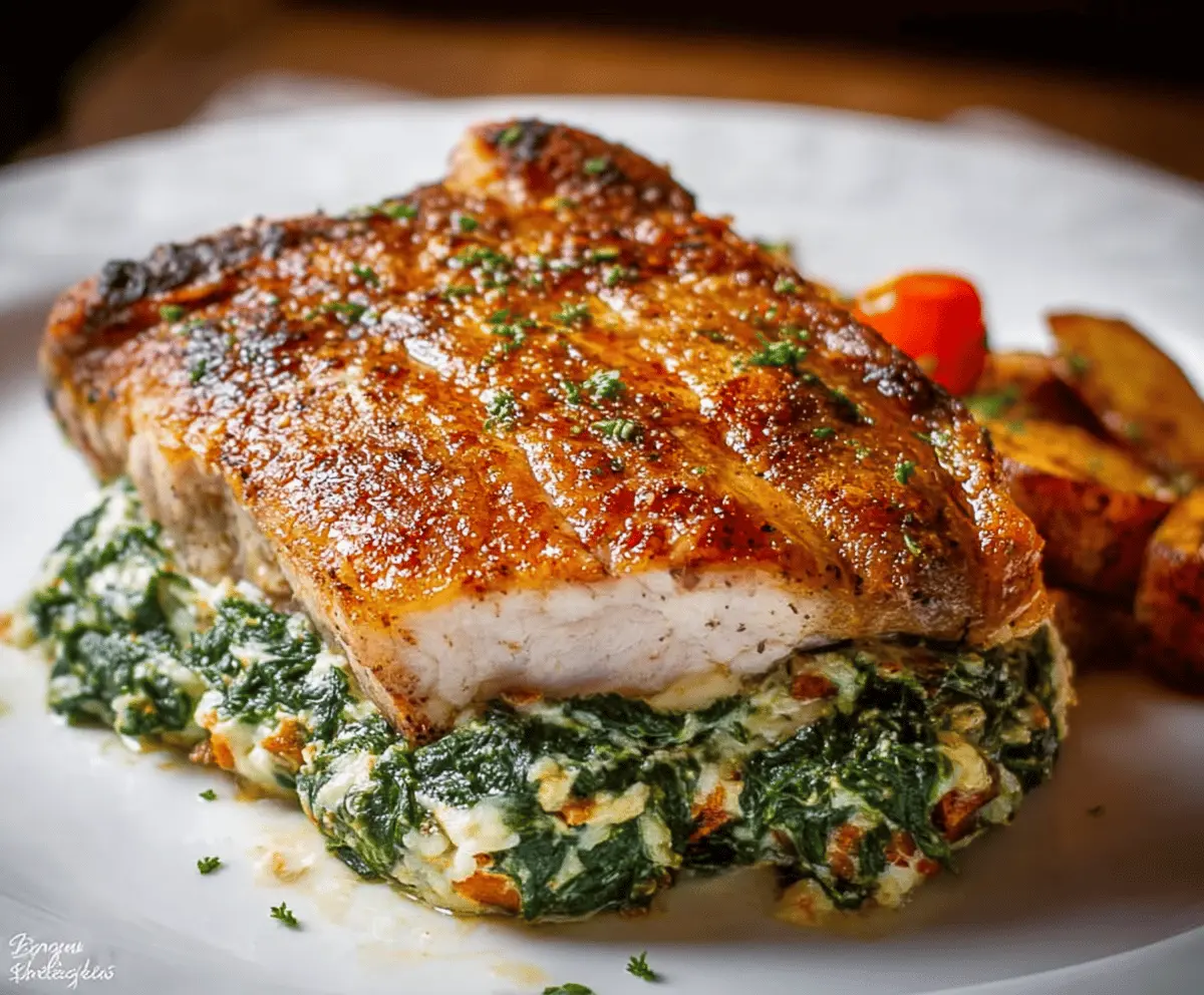 Delicious spinach and cheese stuffed pork chops on a plate, showcasing a flavorful and hearty meal.
