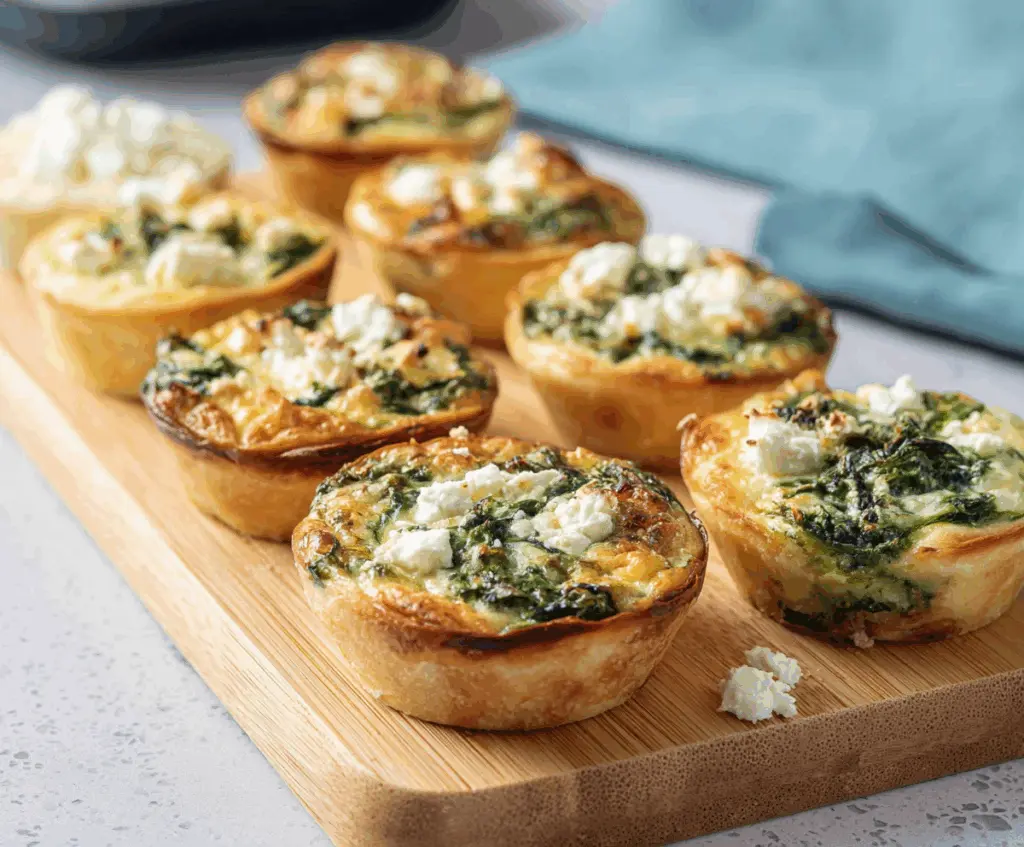 Delicious spinach and feta cheese mini quiches with golden crust, perfect for brunch or snacks.