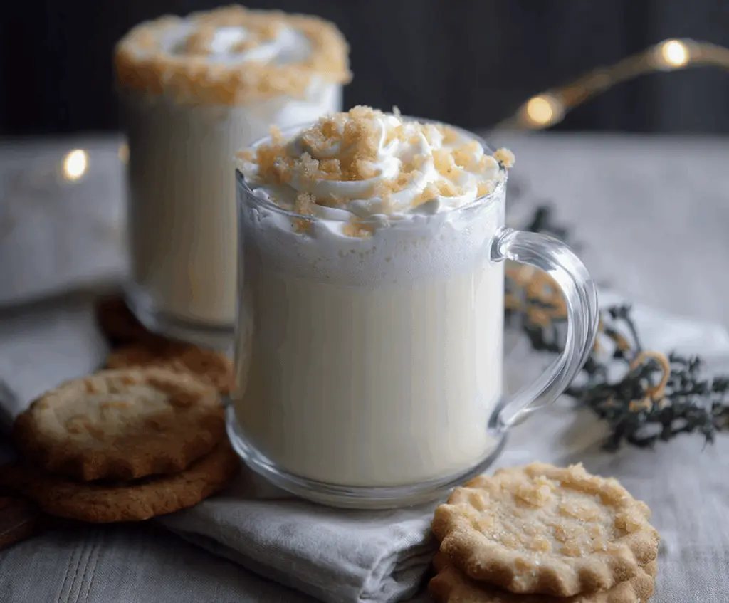 Creamy sugar cookie white hot chocolate topped with marshmallows and sprinkles in a cozy mug.