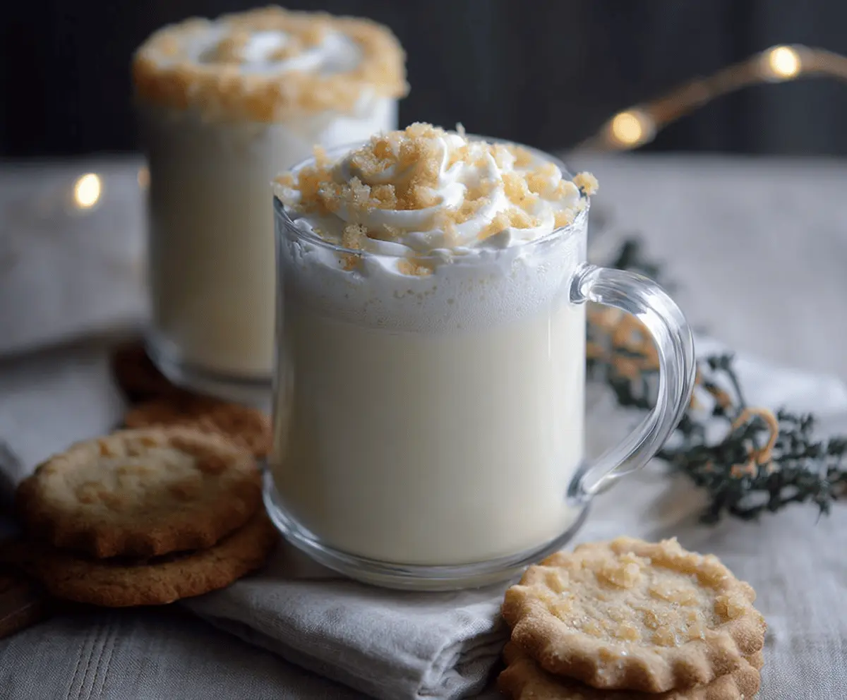 Creamy sugar cookie white hot chocolate topped with marshmallows and sprinkles in a cozy mug.