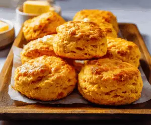 Delicious homemade sweet potato biscuits fresh out of the oven with crispy edges.