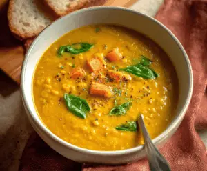Warm and comforting sweet potato curry soup in a bowl, garnished with herbs.
