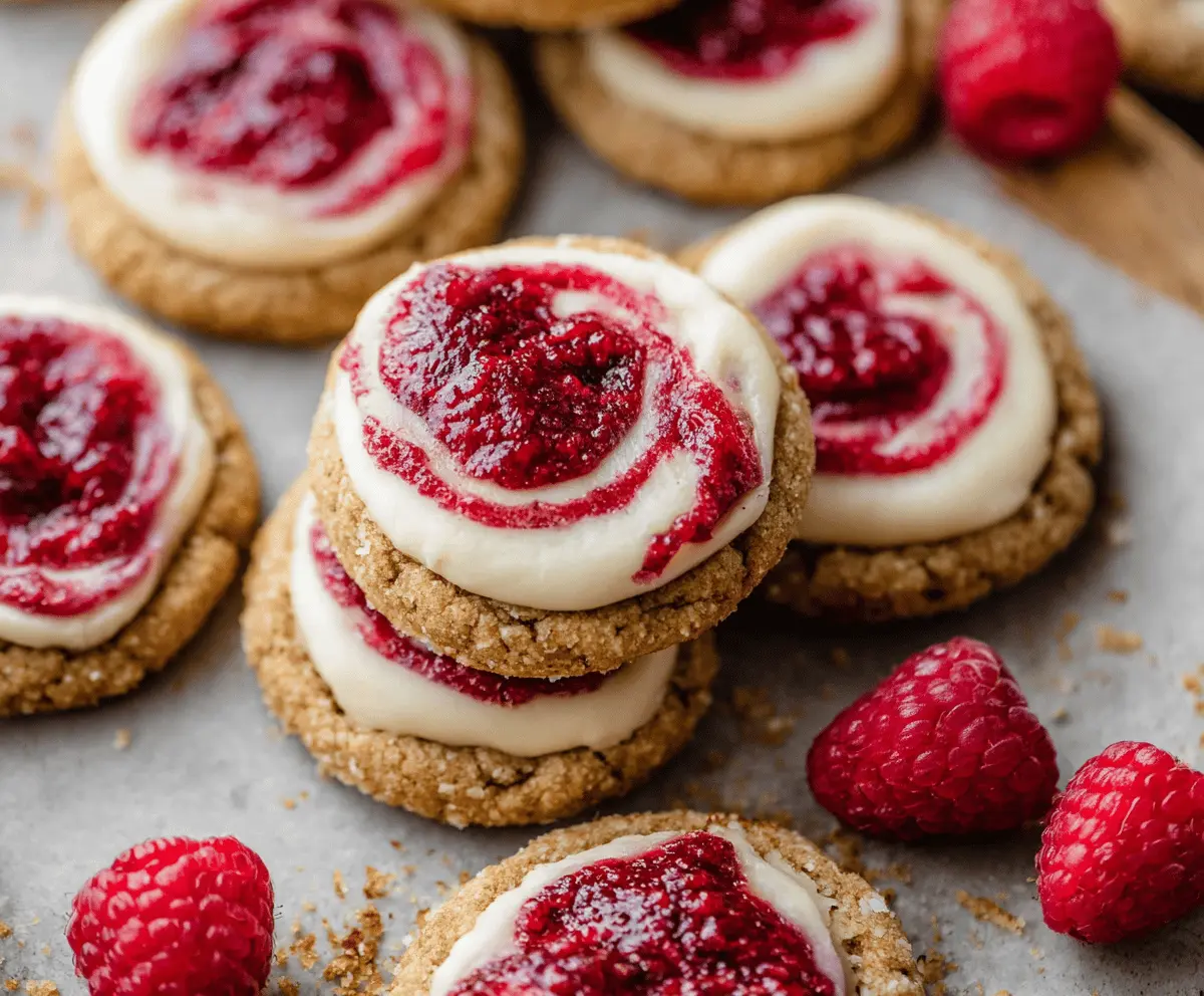 Delicious swirl raspberry cheesecake cookies with vibrant red and creamy white layers on a plate.