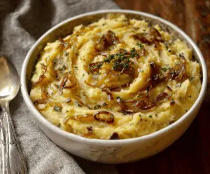 Vegan caramelized onion mashed potatoes served in a rustic bowl, showcasing creamy mashed potatoes topped with golden caramelized onions.