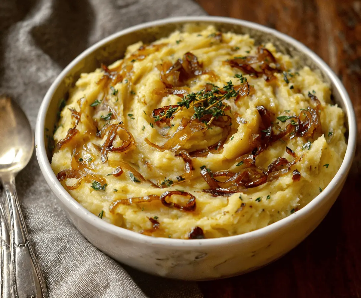 Vegan caramelized onion mashed potatoes served in a rustic bowl, showcasing creamy mashed potatoes topped with golden caramelized onions.
