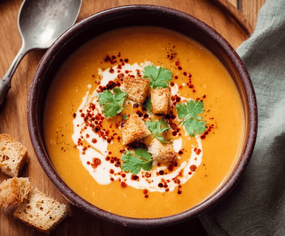 Creamy vegan sweet potato soup garnished with herbs in a rustic bowl, perfect for a healthy meal.