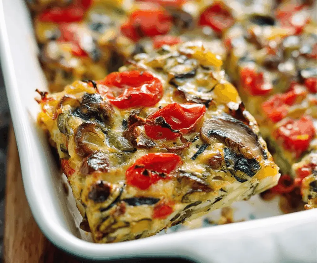 Delicious veggie-packed breakfast casserole with colorful vegetables and eggs, perfect for a healthy morning meal.