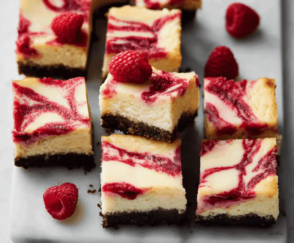 Delicious white chocolate raspberry cheesecake bars with a creamy texture and fresh raspberry topping.