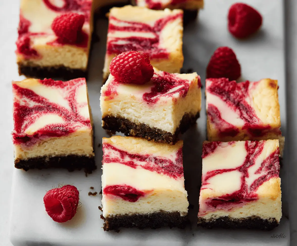 Delicious white chocolate raspberry cheesecake bars with a creamy texture and fresh raspberry topping.
