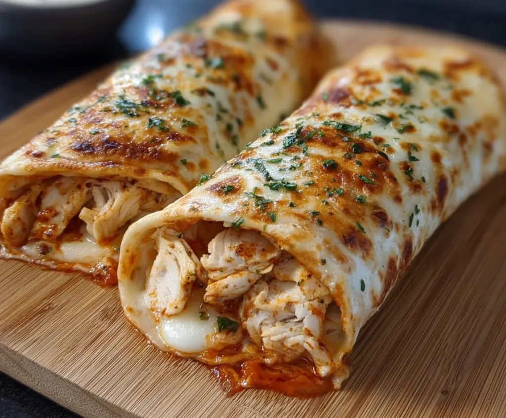 Delicious air fryer chicken and mozzarella wraps on a plate, showcasing crispy golden exterior and melted cheese filling.