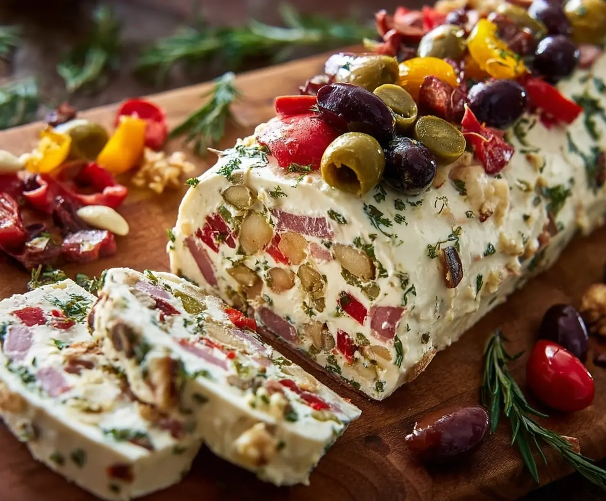 Delicious Antipasto Cream Cheese Log topped with colorful vegetables and herbs.