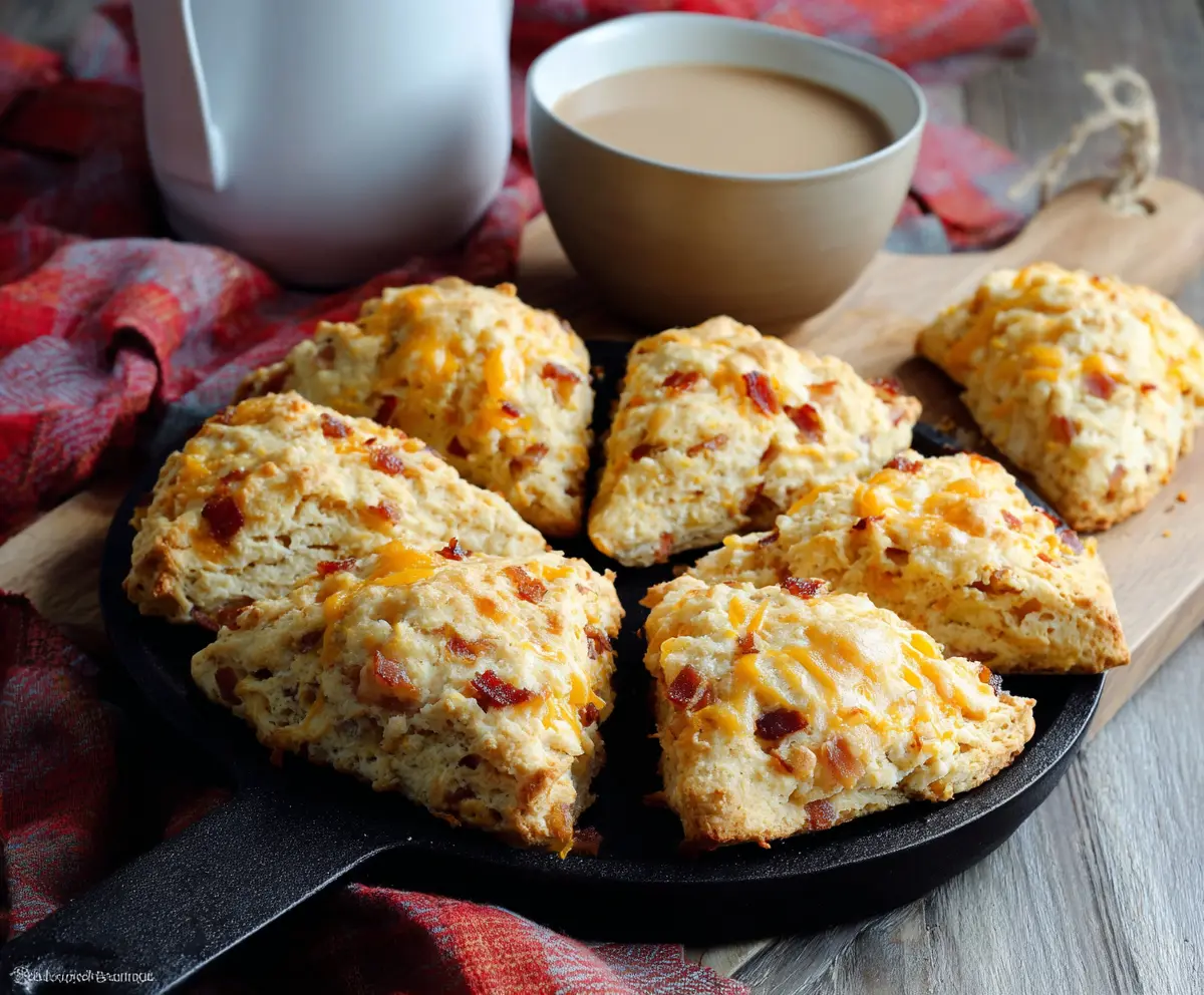 Delicious Apple Cheddar Bacon Scones on a rustic wooden table, perfect for breakfast or brunch.