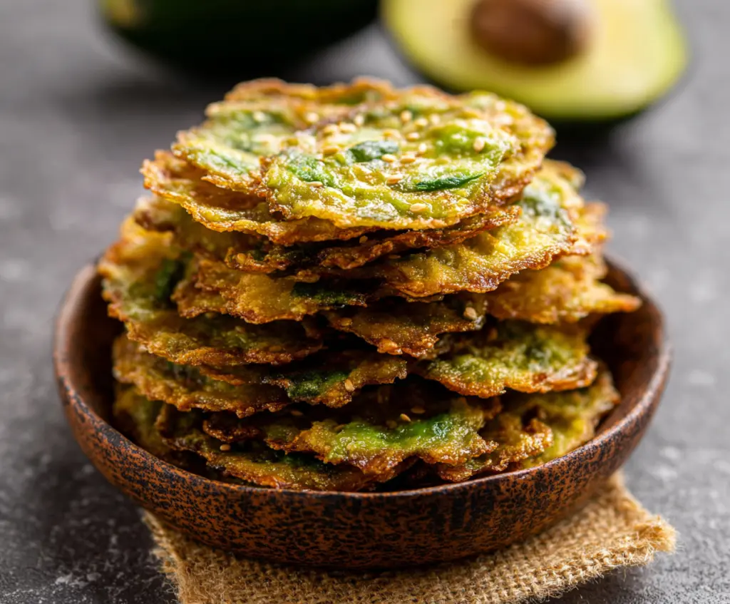 Crispy baked avocado chips on a white plate, garnished with herbs, healthy snack option.