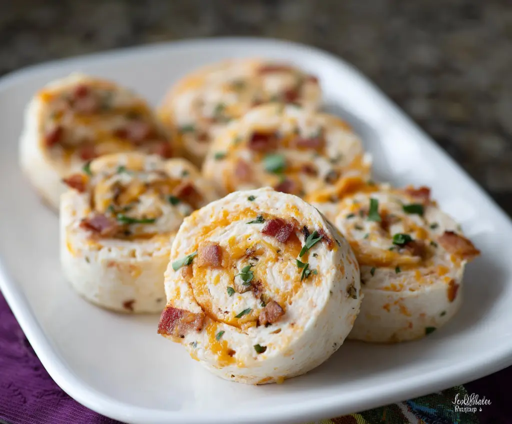 Golden Bacon Cheddar Ranch Pinwheels sliced to showcase flaky pastry filled with crispy bacon, melted cheddar cheese, and fresh ranch seasoning.