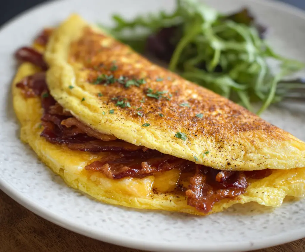 Delicious bacon, egg, and cheese omelet on a plate, perfect for breakfast.