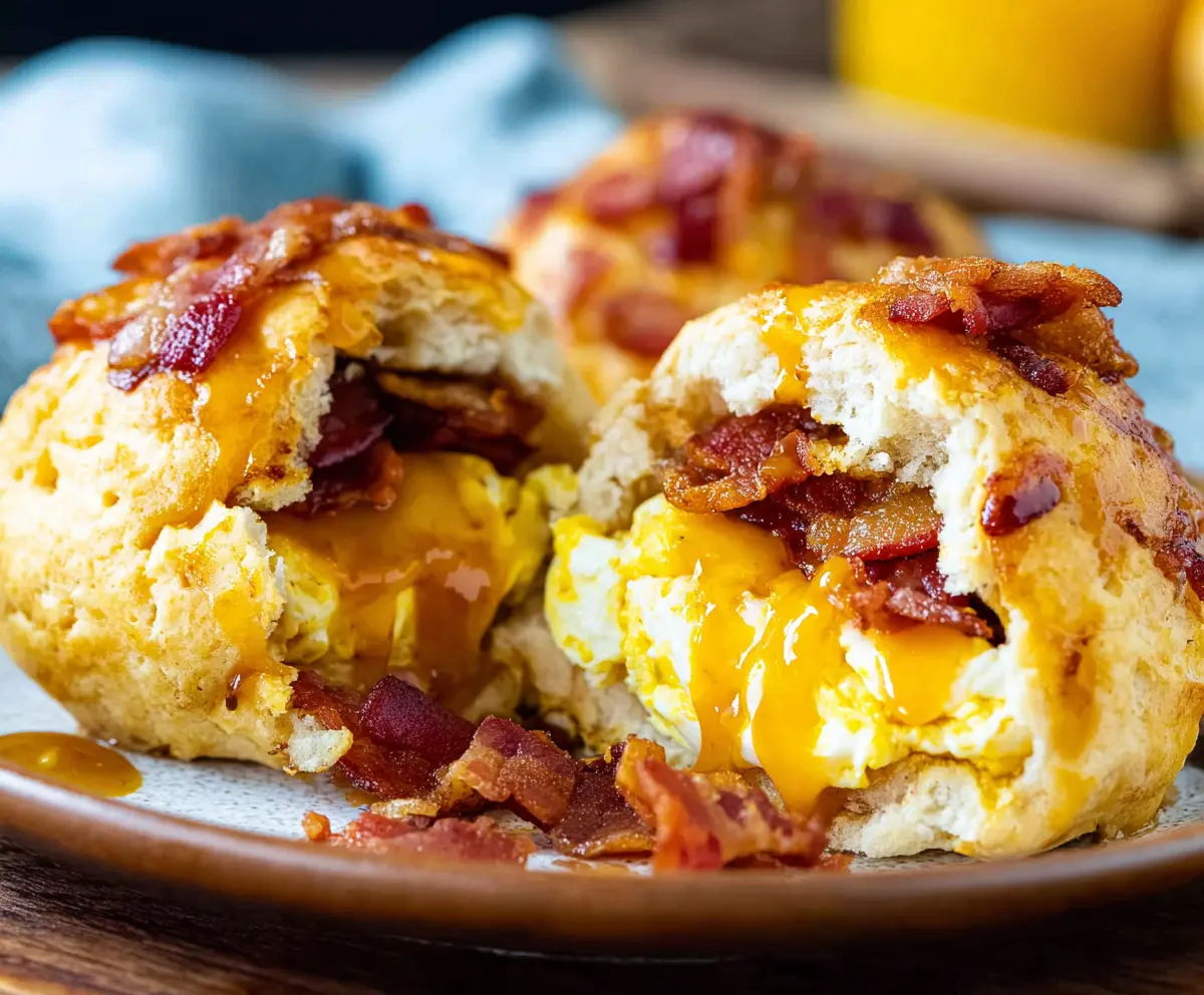 Delicious Bacon Egg Breakfast Biscuit Bombs with crispy bacon and melted cheese inside a flaky biscuit.