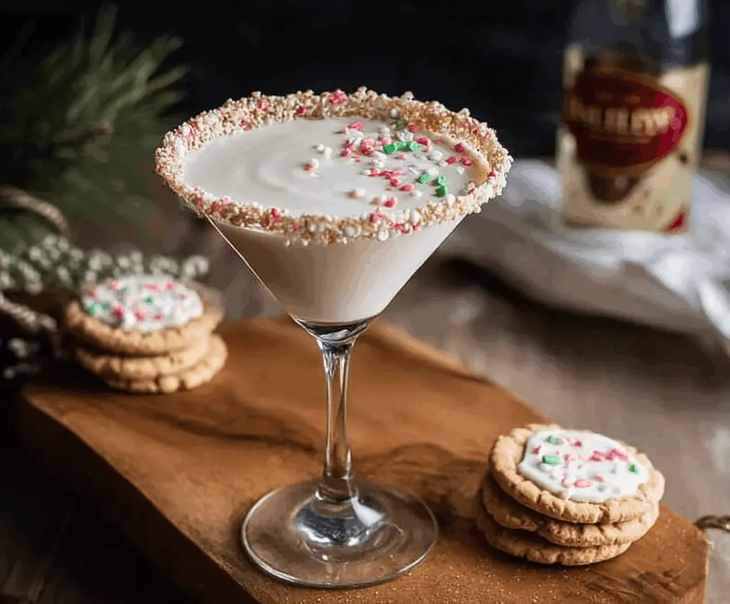 Delicious Baileys Sugar Cookie Martini in a elegant glass, garnished with a sugar cookie and sprinkled with sugar.