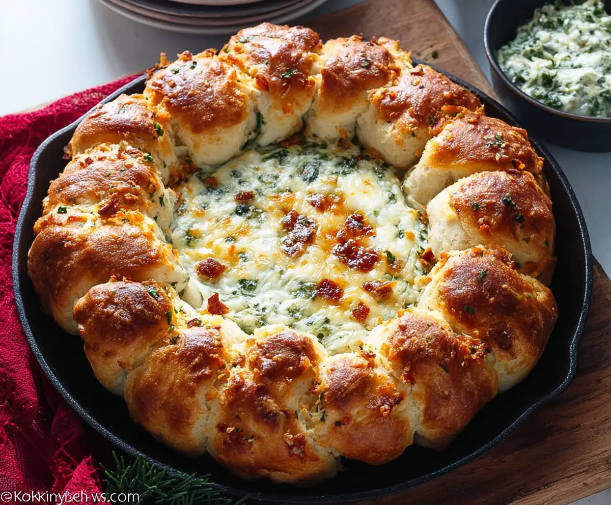 Baked Biscuit Wreath Dip served on a platter with fresh herbs and dipping sauces