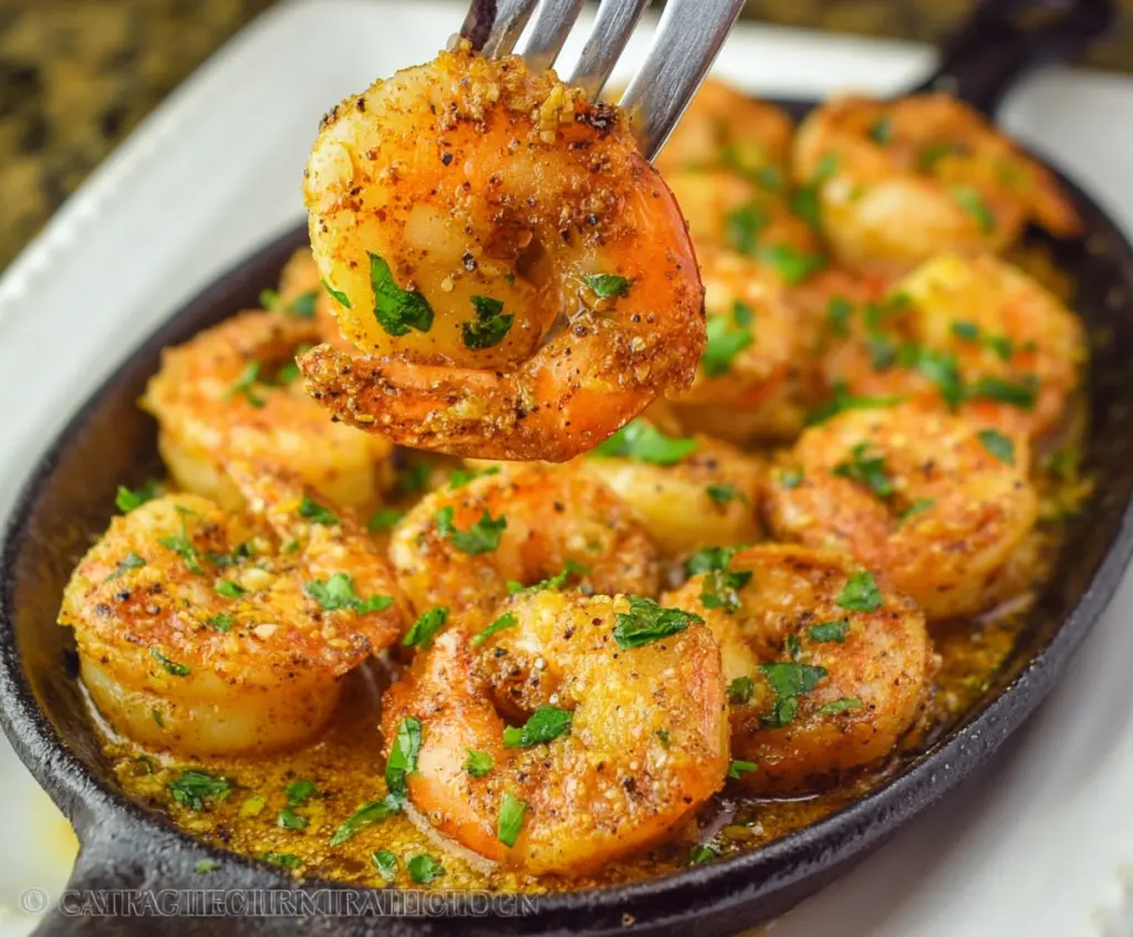 Savory baked Cajun shrimp served with lemon and herbs on a rustic plate.