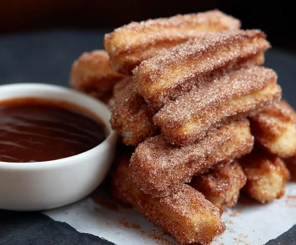 Golden baked churro bites coated in cinnamon sugar, perfect for a sweet snack or dessert.