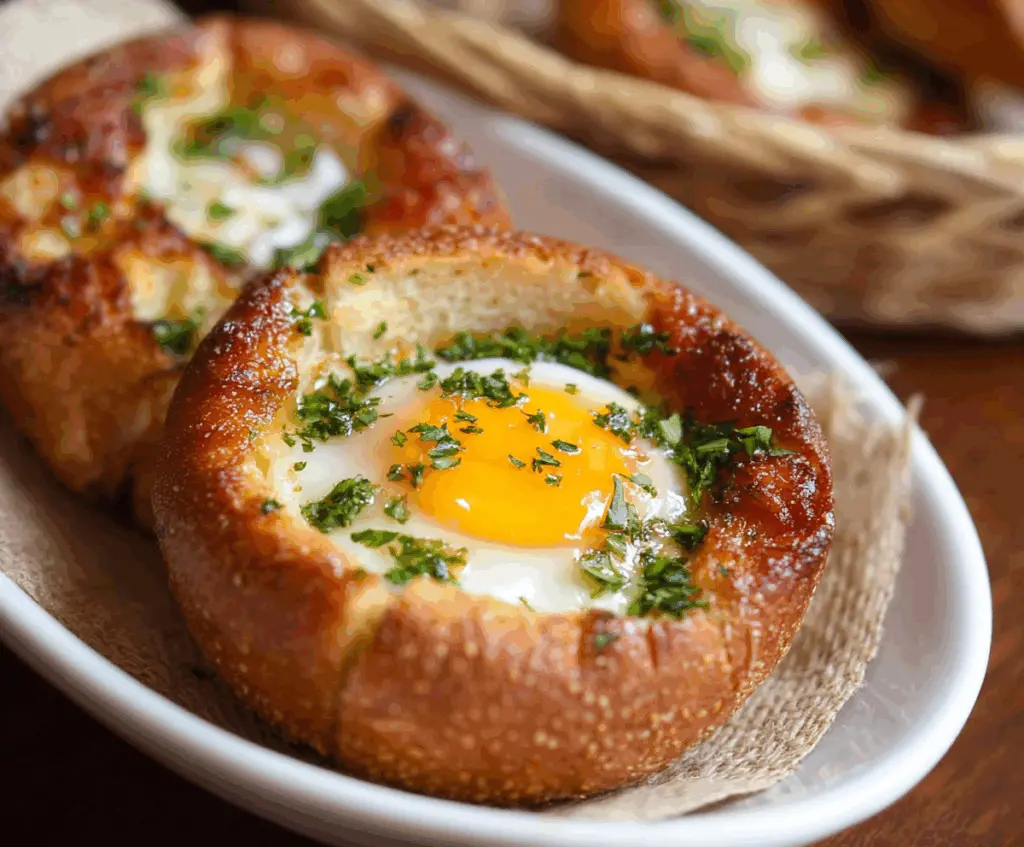 Delicious baked eggs in a basket with toast and fresh herbs for a savory breakfast.