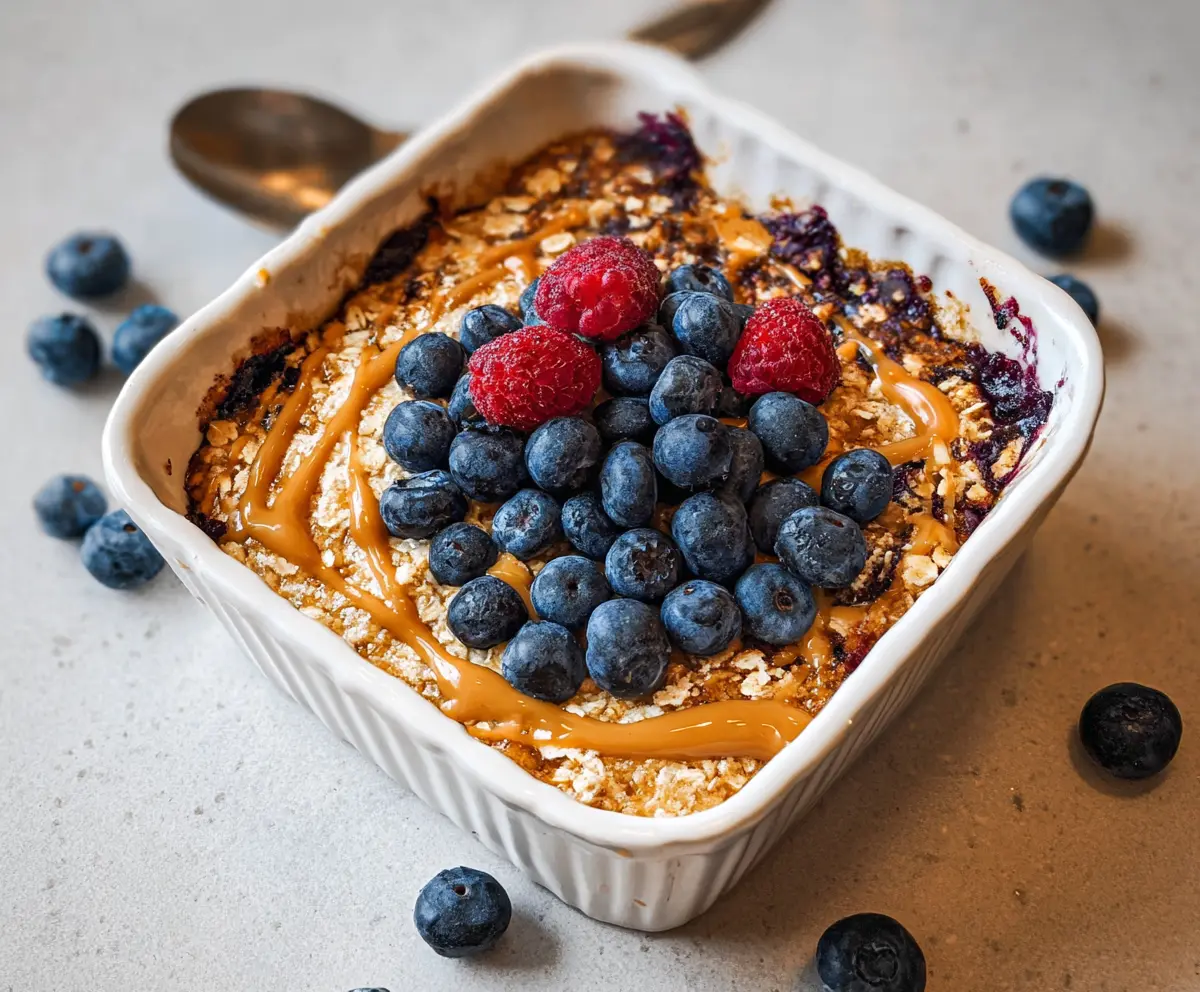 Healthy baked protein oatmeal in a baking dish, topped with fresh berries and nuts.