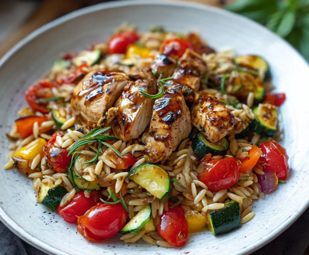 Delicious Balsamic Chicken and Veggie Orzo served on a plate with fresh herbs