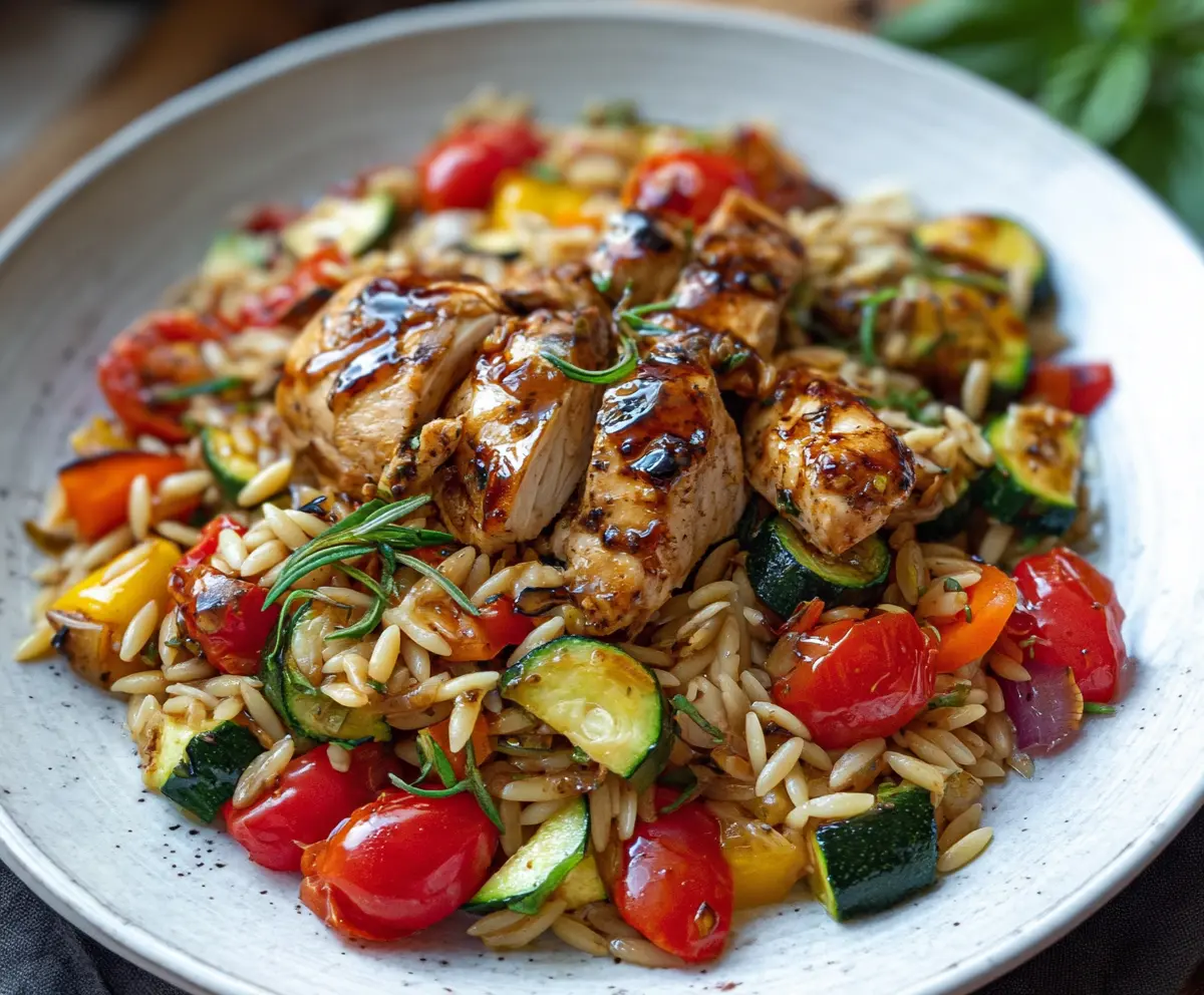 Delicious Balsamic Chicken and Veggie Orzo served on a plate with fresh herbs