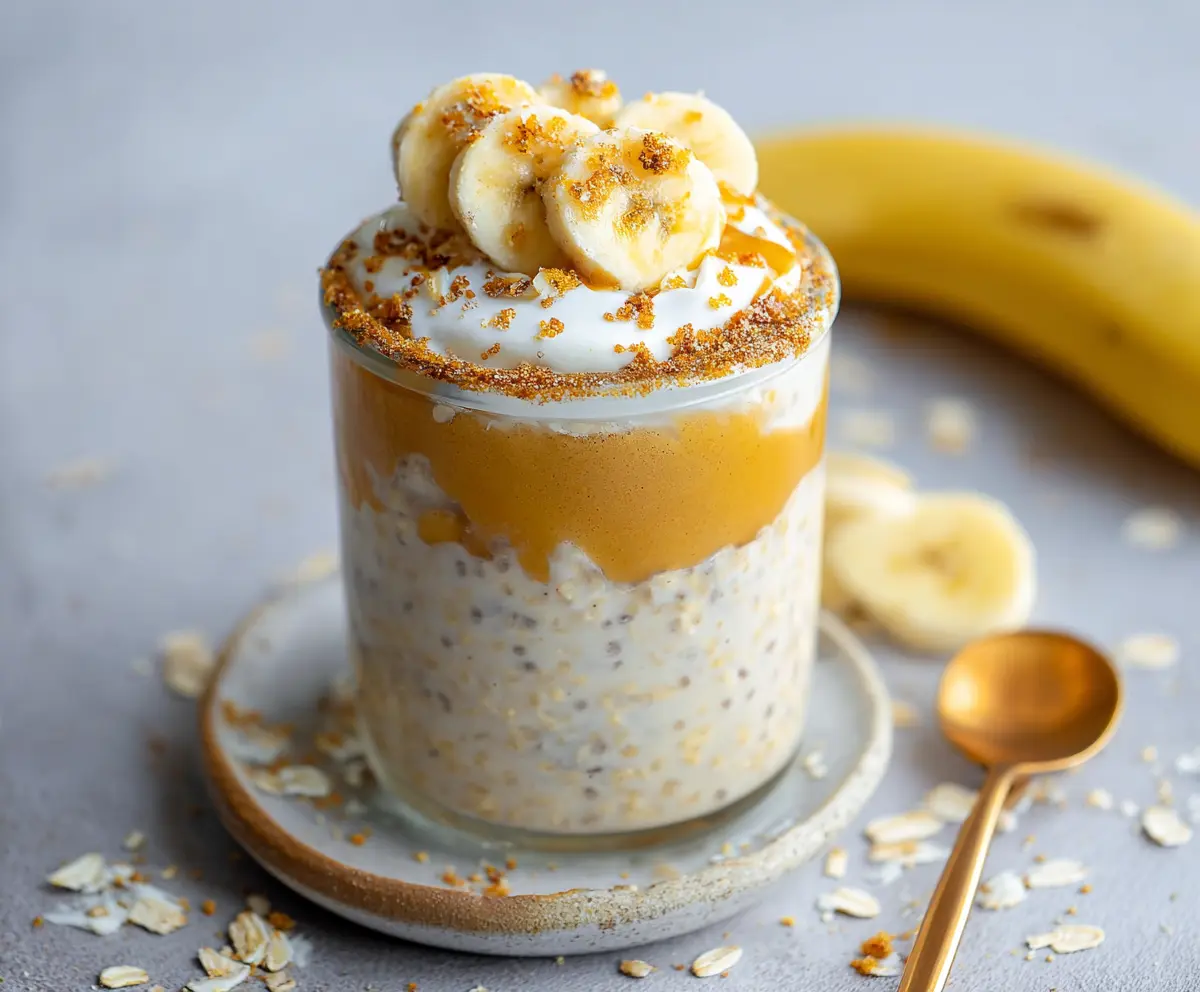 Banana Cream Pie Protein Overnight Oats in a glass jar with sliced bananas and whipped cream.