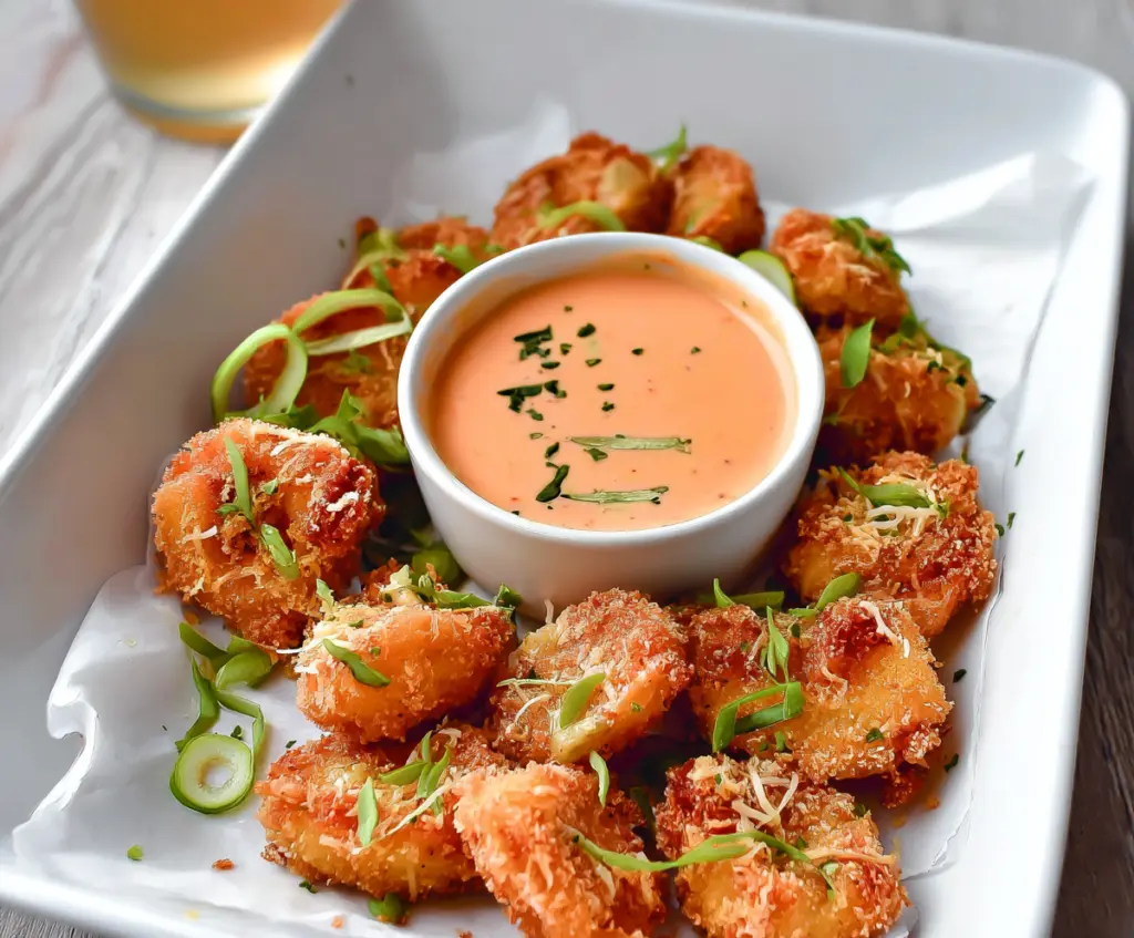 Crispy Bang Bang Shrimp Bites served with a spicy dipping sauce on a white plate.