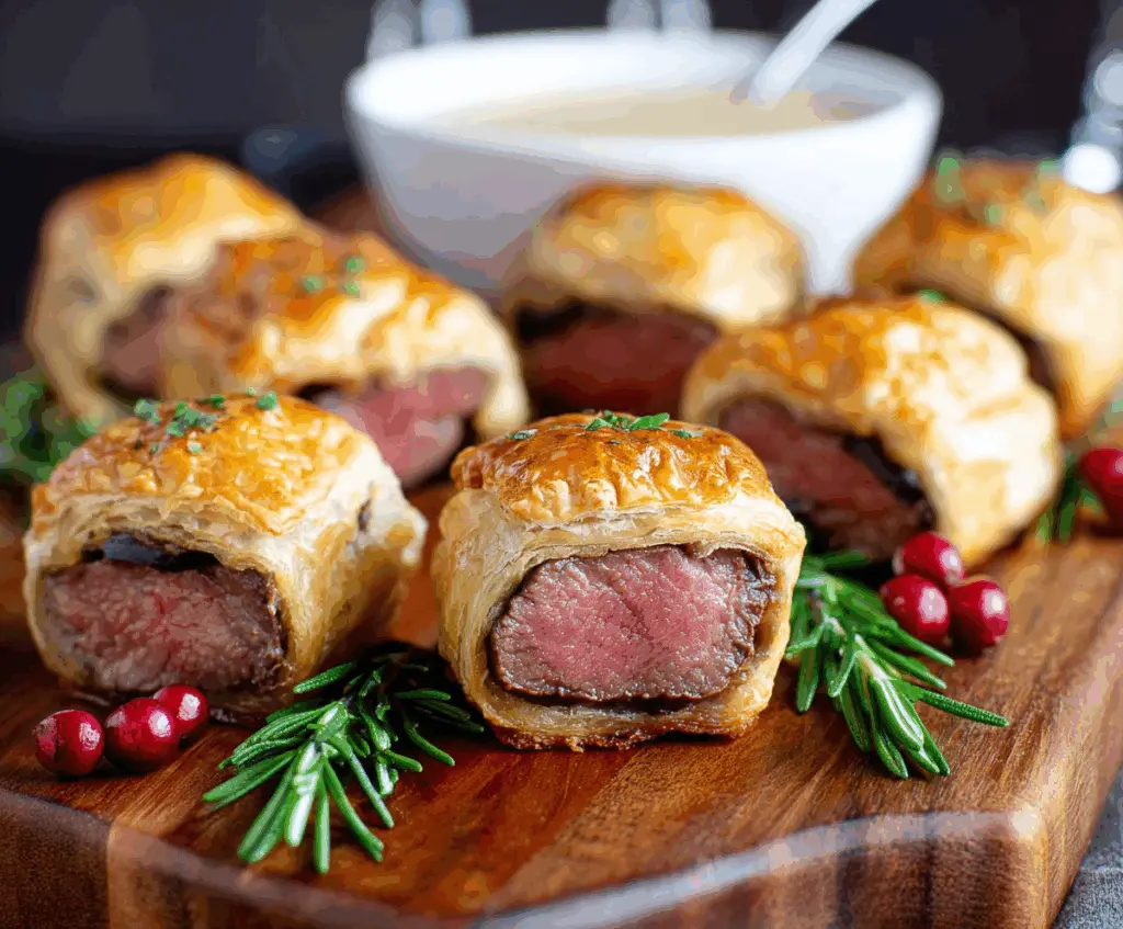 Delicious Beef Wellington Bites with flaky pastry and tender beef filling on a rustic plate.