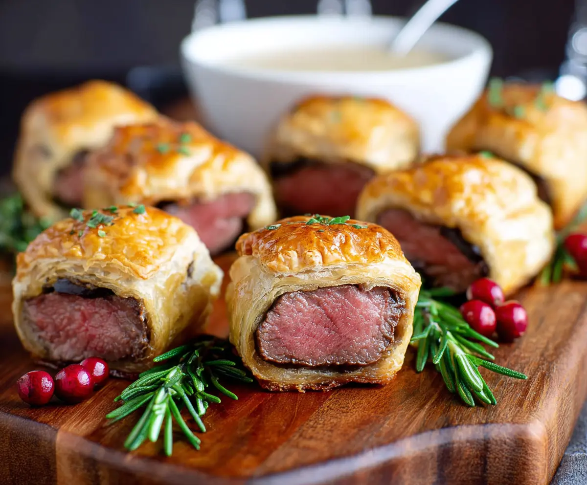 Delicious Beef Wellington Bites with flaky pastry and tender beef filling on a rustic plate.