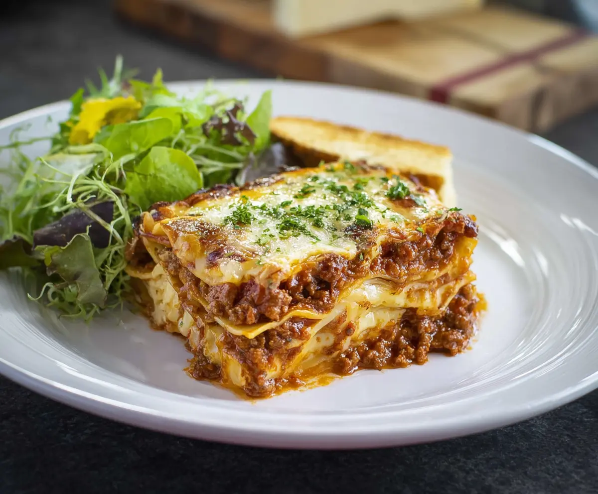 Delicious homemade Bison Lasagna layered with rich cheese and savory bison meat.
