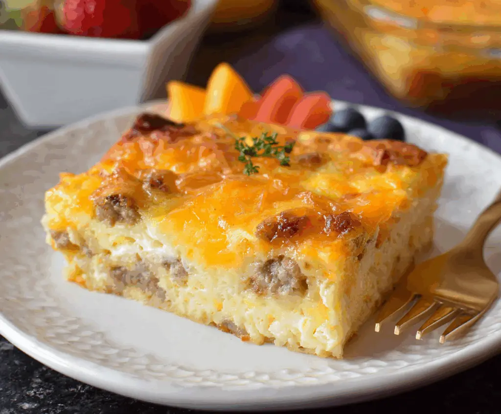 Delicious Bisquick Breakfast Casserole with eggs, cheese, and breakfast sausage in a baked dish.