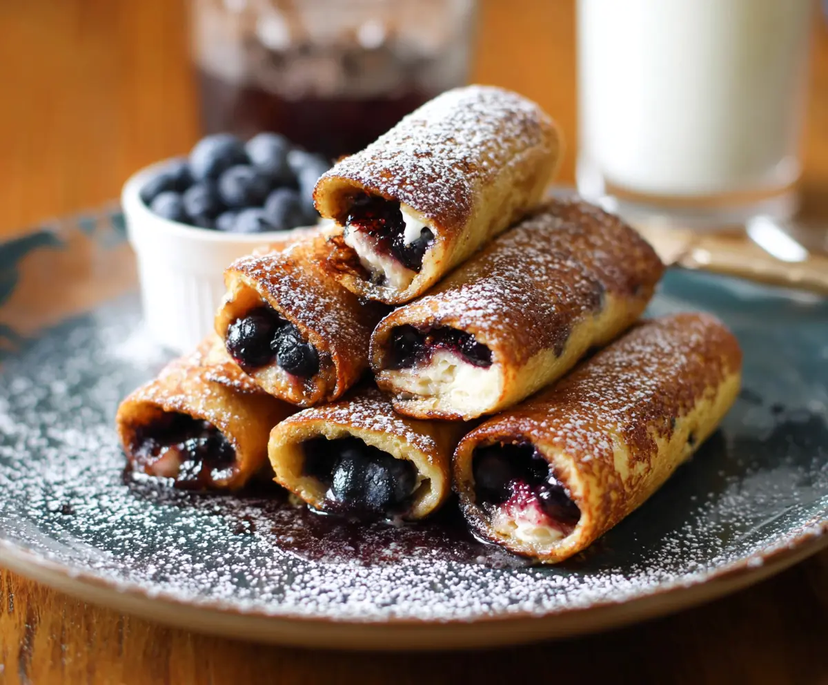 Delicious Blueberry French Toast Roll Ups topped with fresh blueberries and powdered sugar on a plate.
