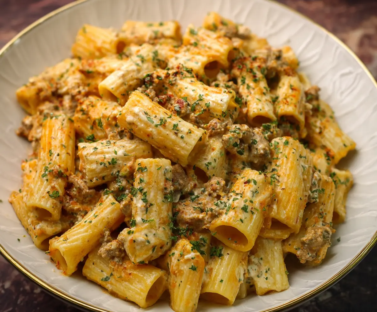 Creamy Boursin cheese rigatoni pasta dish garnished with herbs, perfect for a flavorful dinner.
