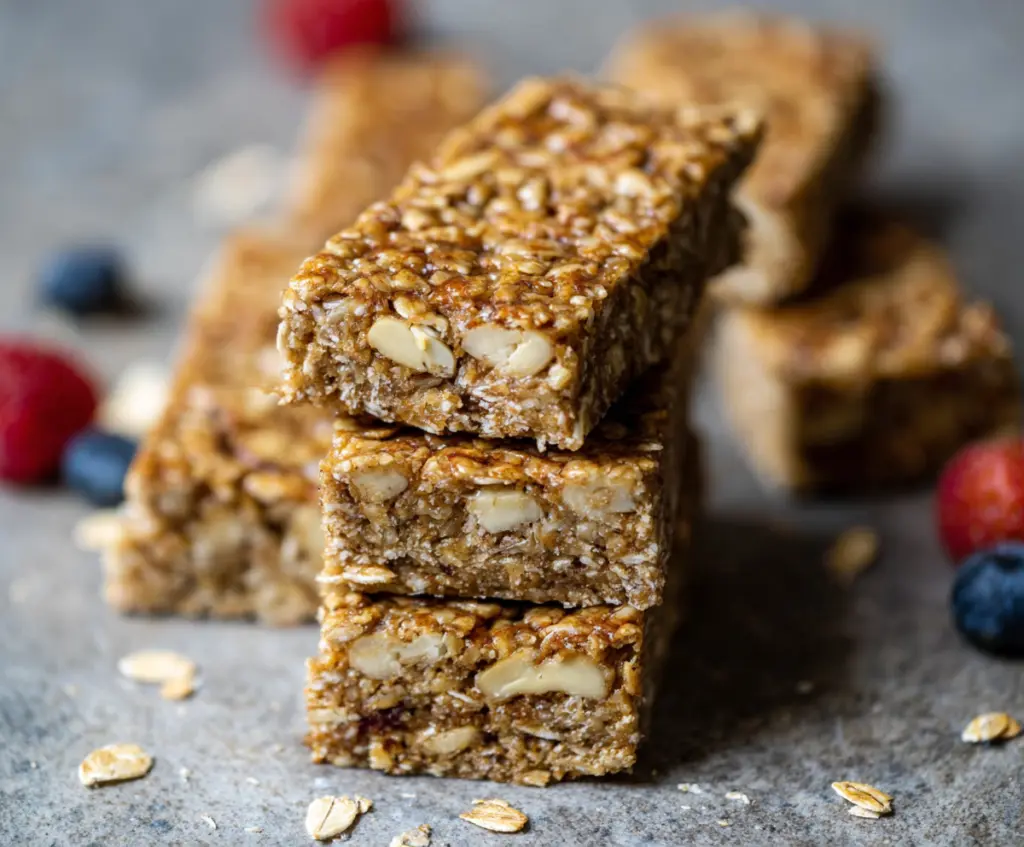 Homemade breakfast bars with oats, nuts, and dried fruits on a white plate