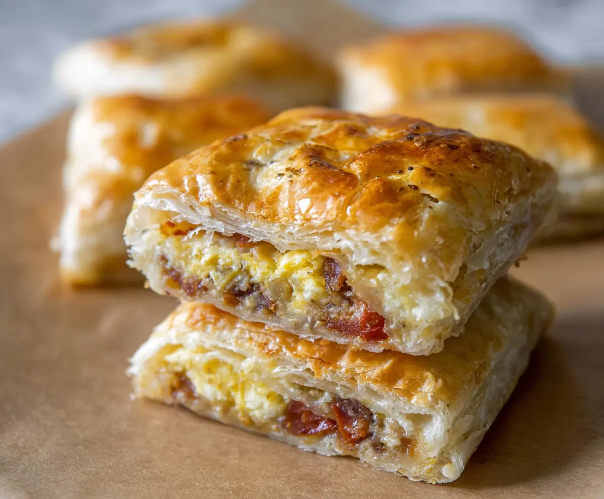 Delicious breakfast stuffed puff pastry bars filled with cheese and eggs, crispy and golden brown.