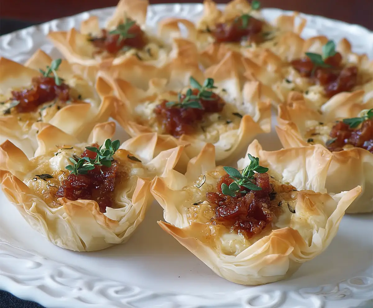 Delicious Brie and Bacon Phyllo Cups garnished with fresh herbs, perfect for appetizers.