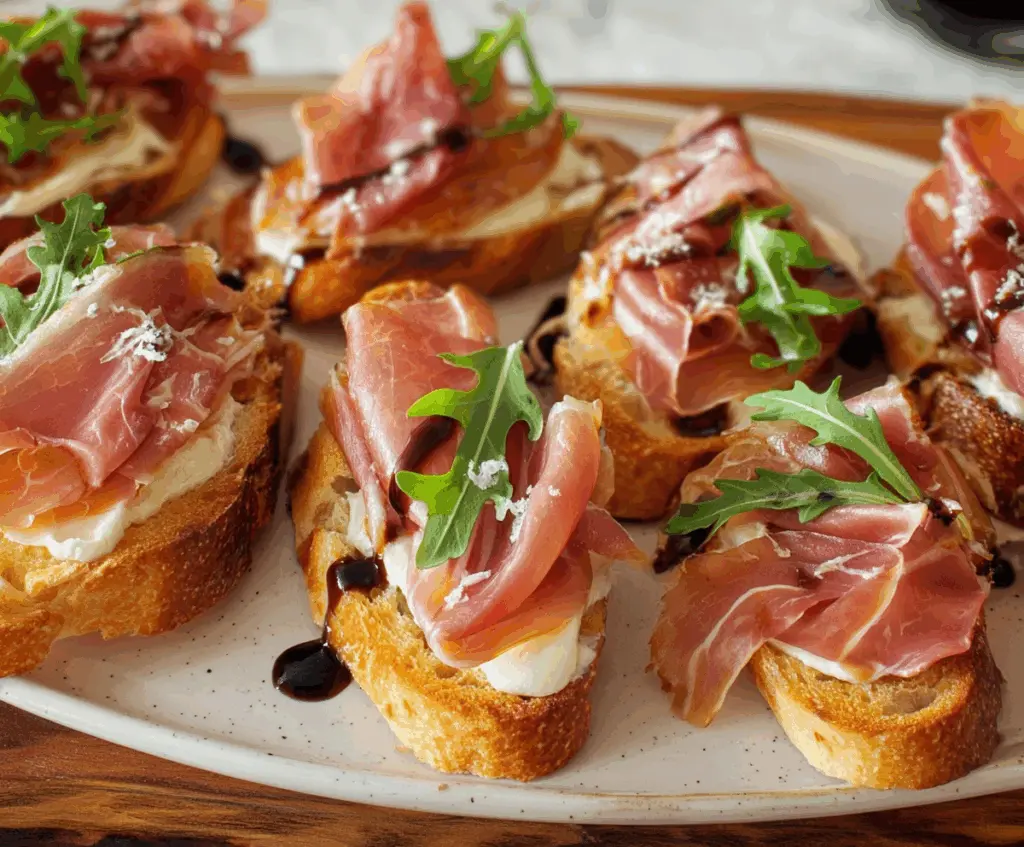 Brie and prosciutto crostini appetizer with melted cheese and crispy bread