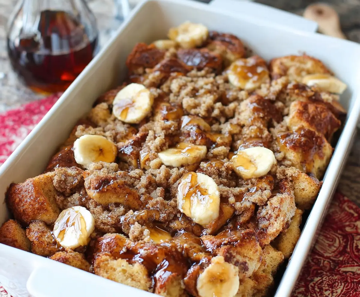Delicious brown sugar banana French toast casserole topped with fresh bananas and a crispy crust.
