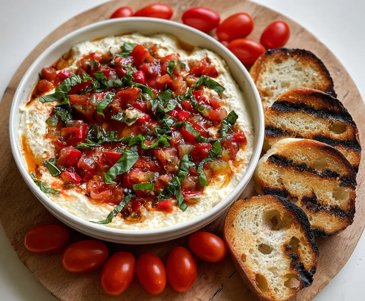 Creamy Bruschetta Dip with fresh basil, tomatoes, and garlic served with toasted baguette slices.